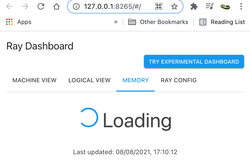 ray dashboard memory tab loading wheel when nothing running