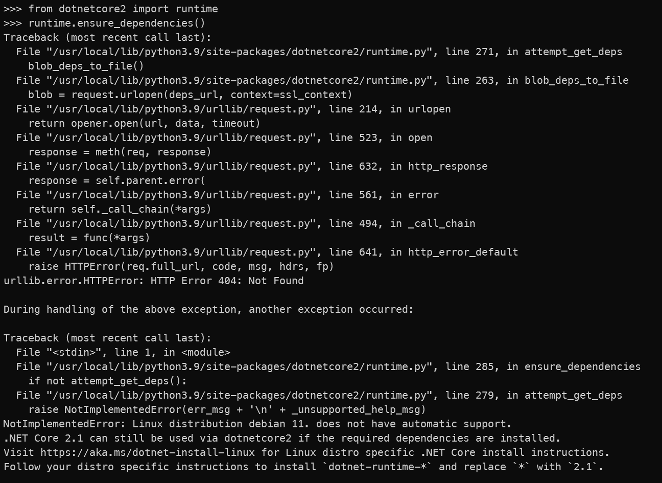 Datasets .Net Core 2.1 runtime dependency is not supported on Linux ...