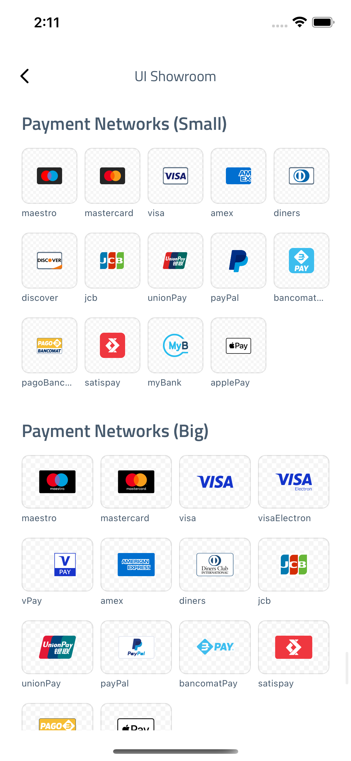 Preview of all the payment logos in the UI Showroom page
