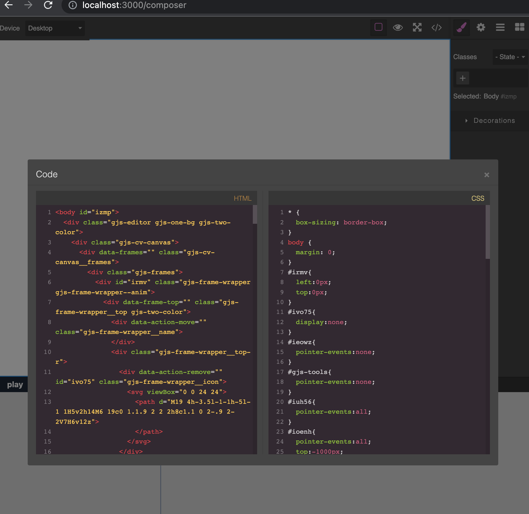 'Export code' button is exporting GrapesJS boilerplate · GrapesJS