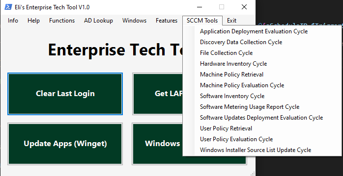 A screenshot from ETT showing SCCM tools including Application Deployment Evaluation Cycle, Discovery Data Collection Cycle, File Collection Cycle, and more.
