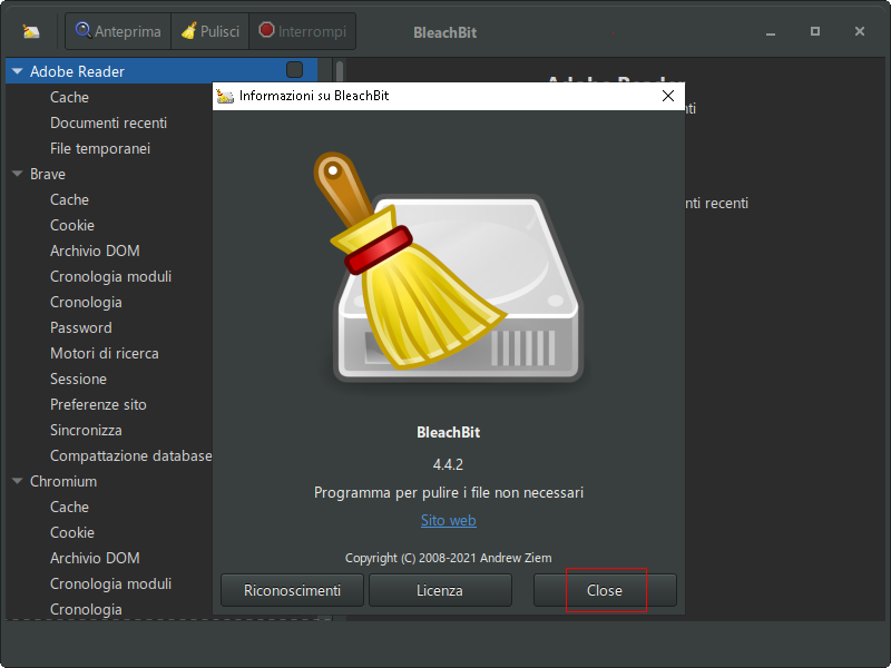 Bleachbit 4.4.2.2438 GUI translation issue ("Close" button) · Issue