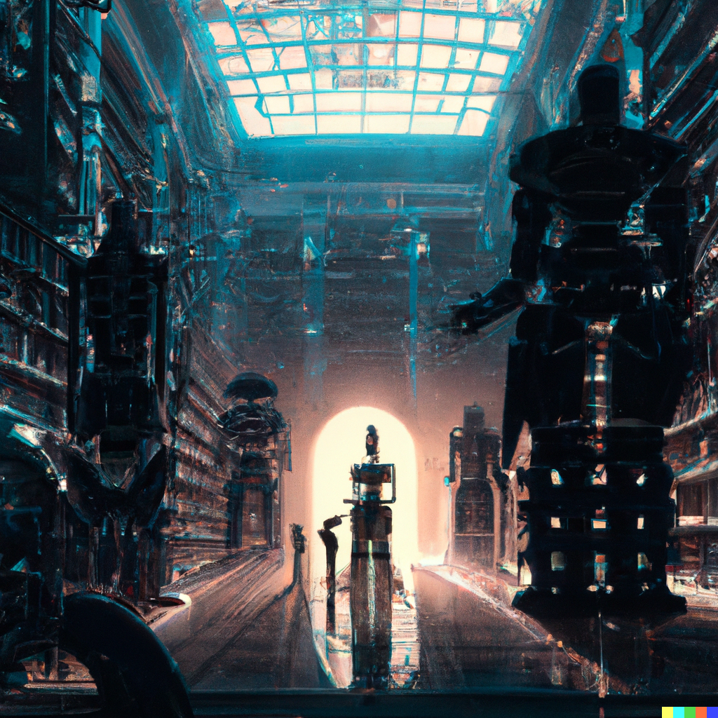 DALL·E 2023-04-13 22 56 16 - the library of alexandria, but people in there are robots, beautiful digital art trending on artstation