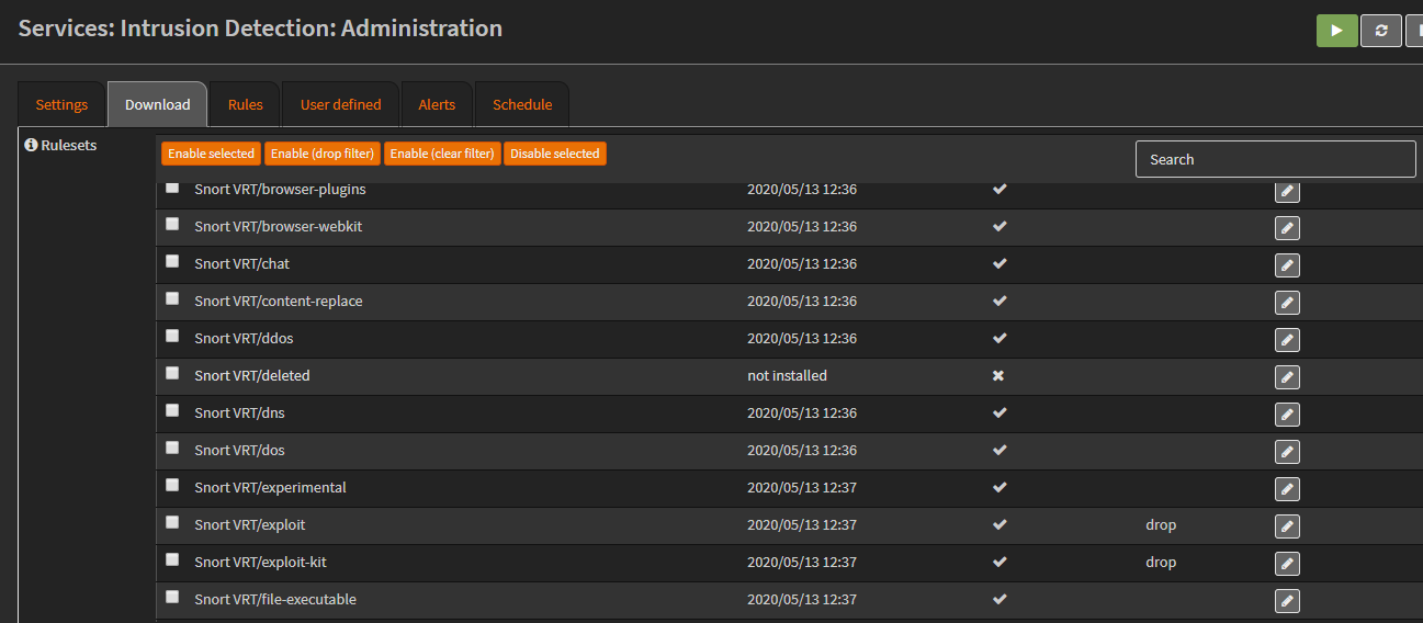IDS all enabled snort rules are configured with a double action and