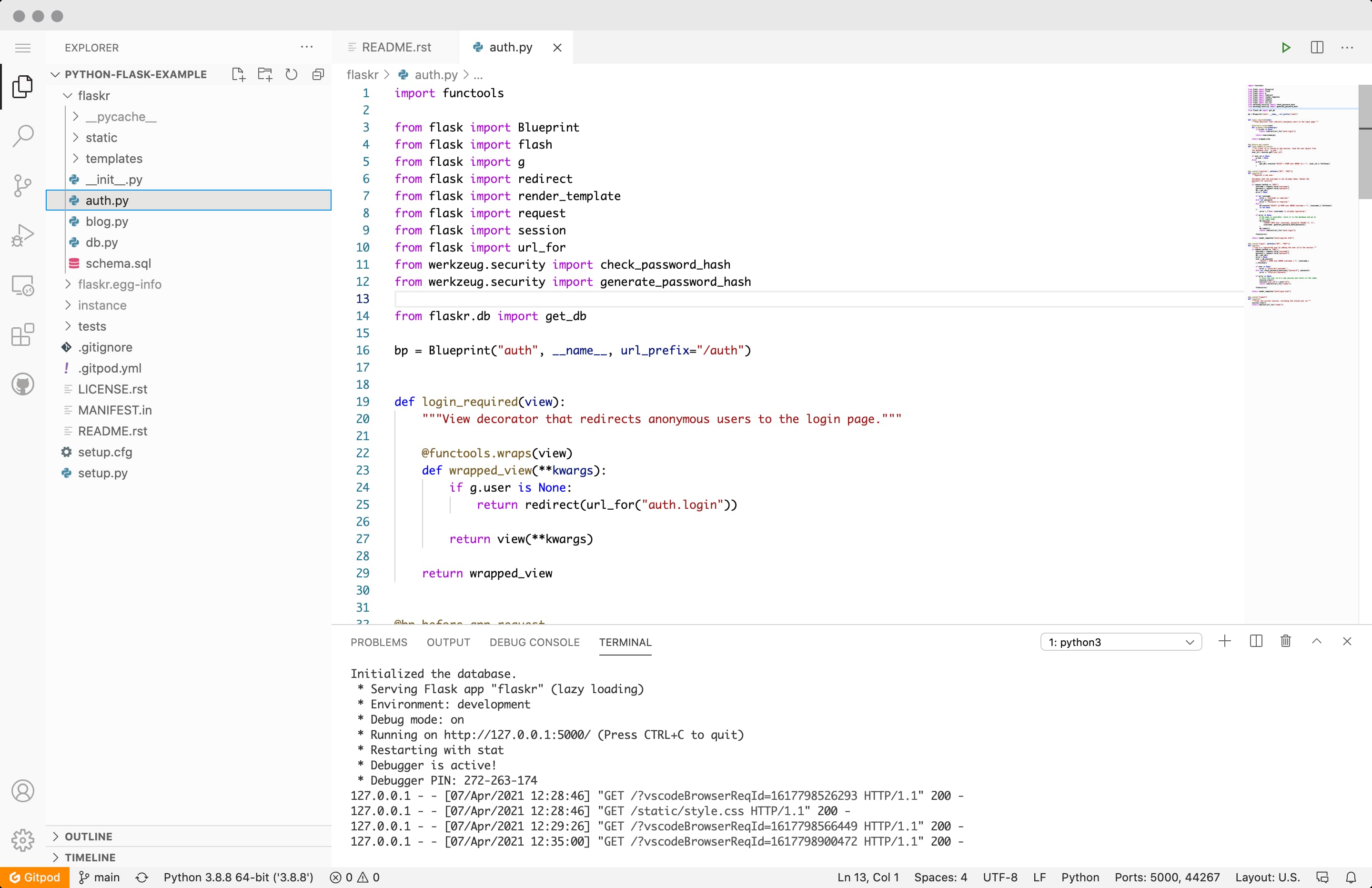 Screenshot of development in Gitpod
