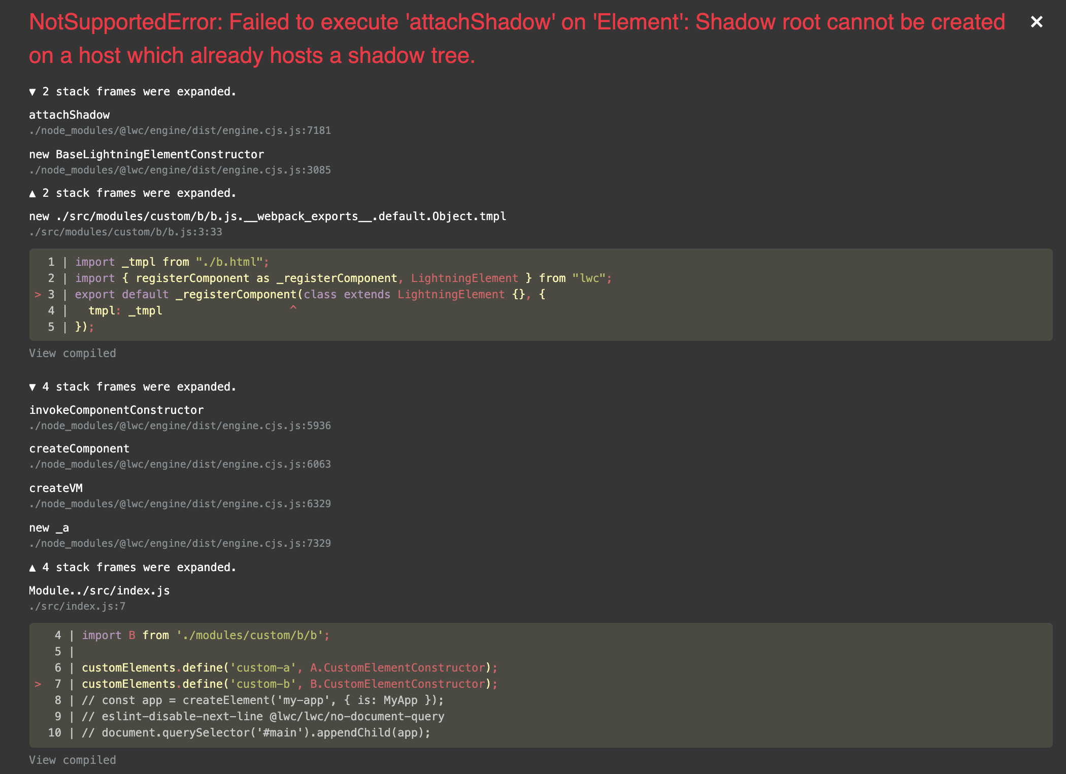 screenshot showing full stack trace from webpack output