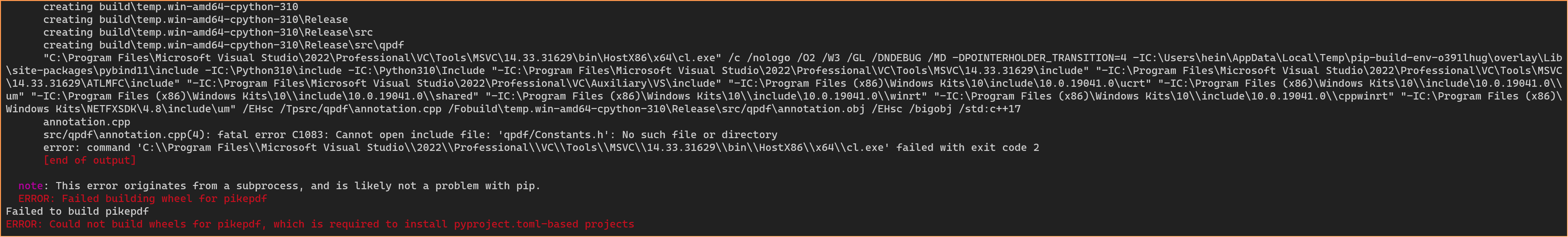 Unable to 'pip install pikepdf' on Windows 10 x64 - Cannot open include ...
