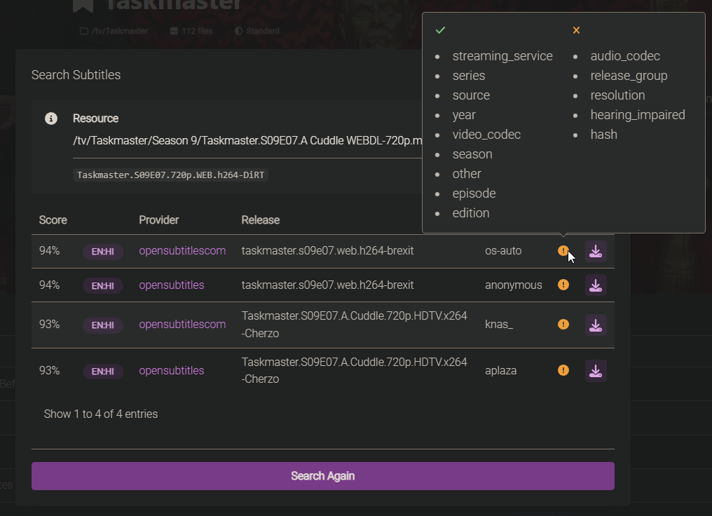Automatic downloading of hearing impaired subtitles failing · Issue