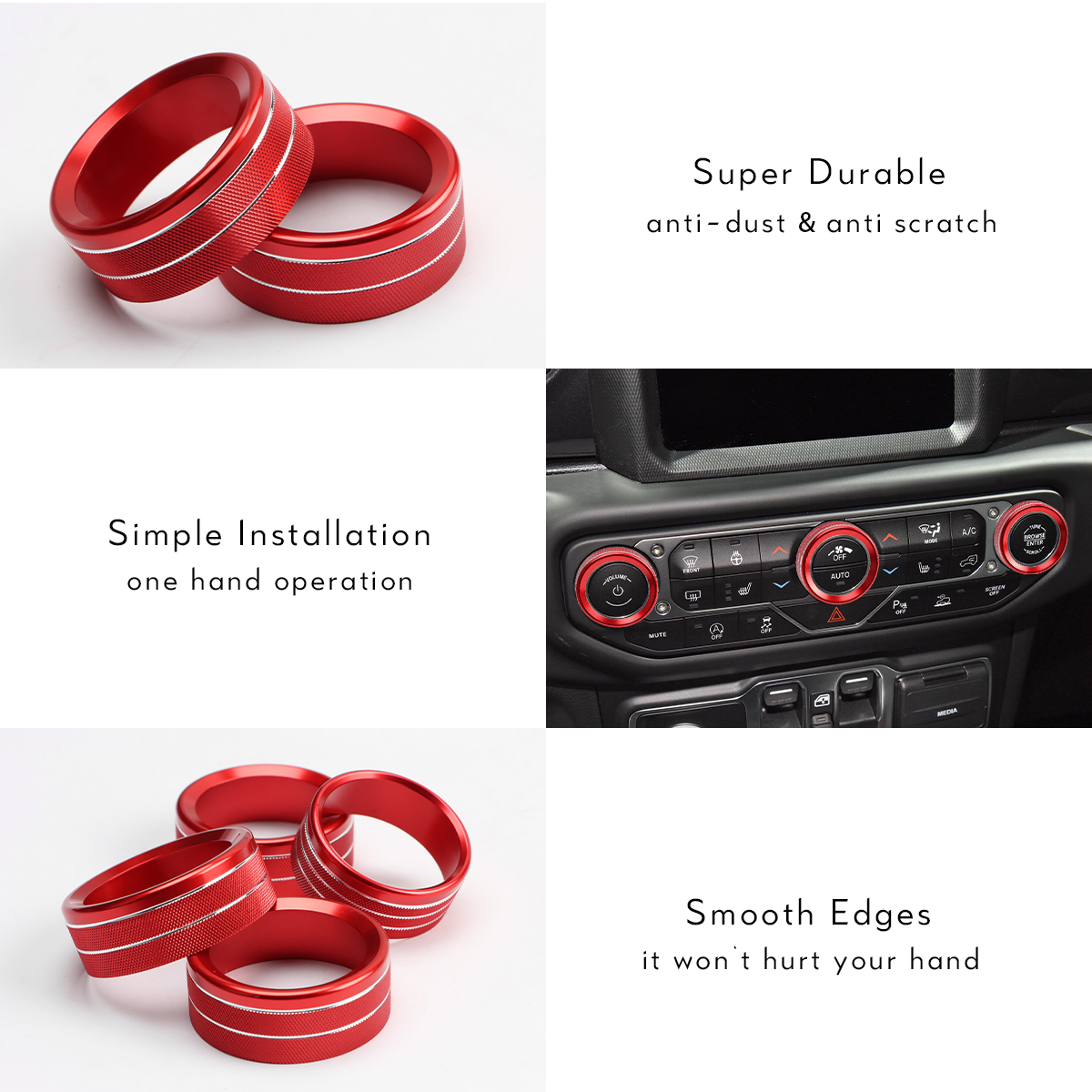 Auovo Aluminum Alloy HVAC & Headlight Switch Knob Covers For 2018-2022 Jeep Wrangler JL/JLU & Gladiator JT (Red, Type 1) - View #5