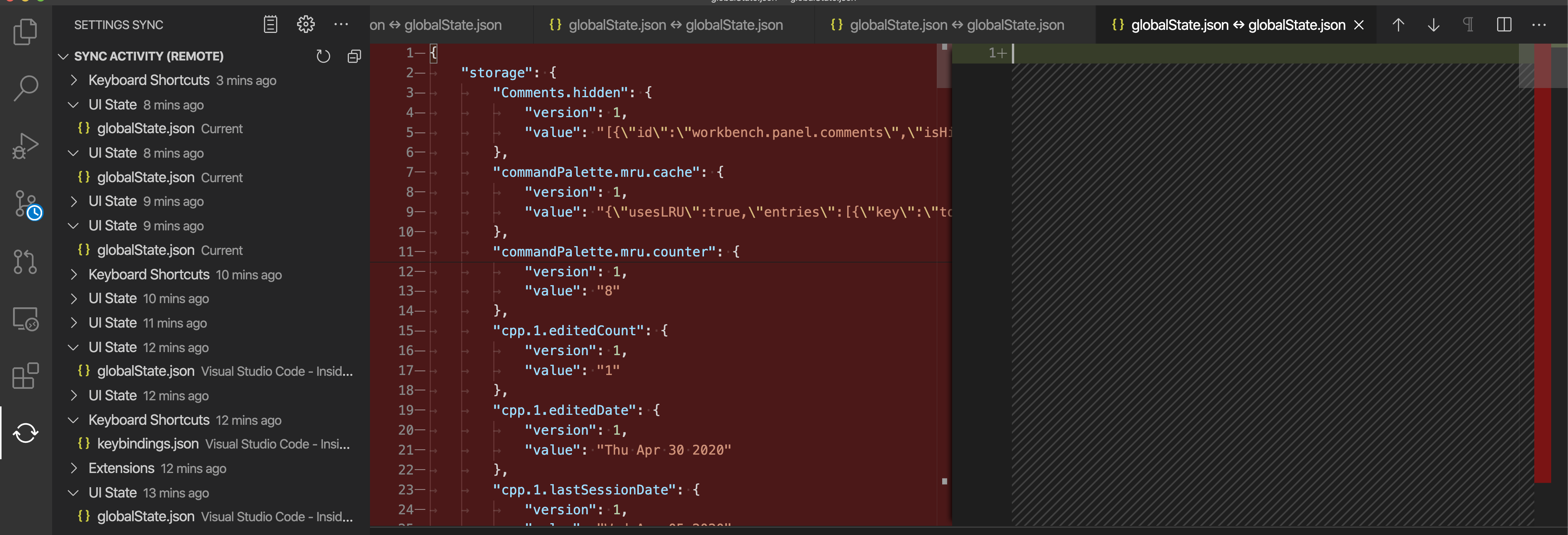 'UI State' history entries in setting sync view always show complete