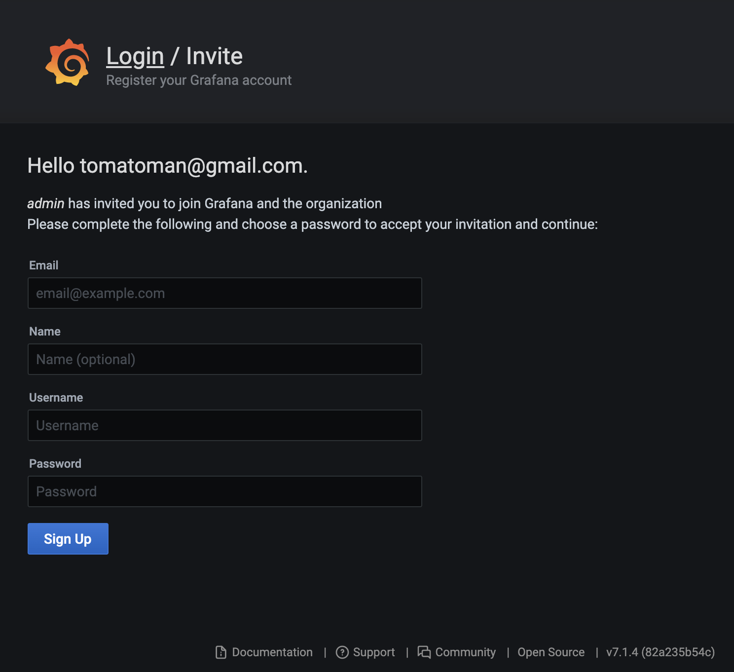 Signup form for newly invited user does not have default fields