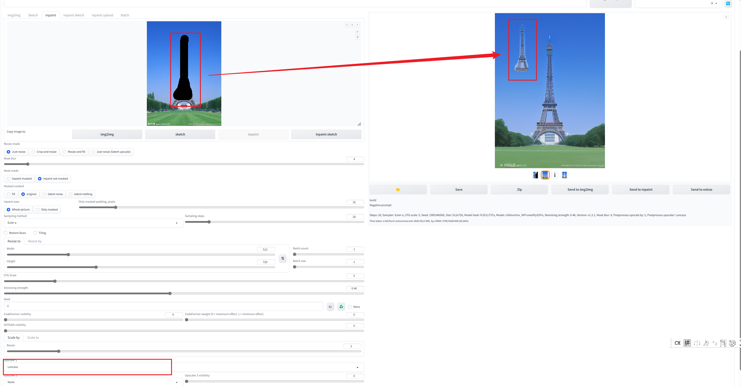 After using Upscaler to zoom in, the area where the Inpaint is applied