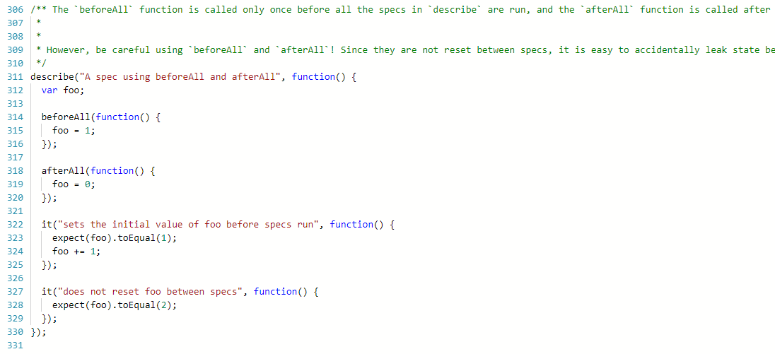beforeAll not working as expected (version 3.1) · Issue 1524 · jasmine