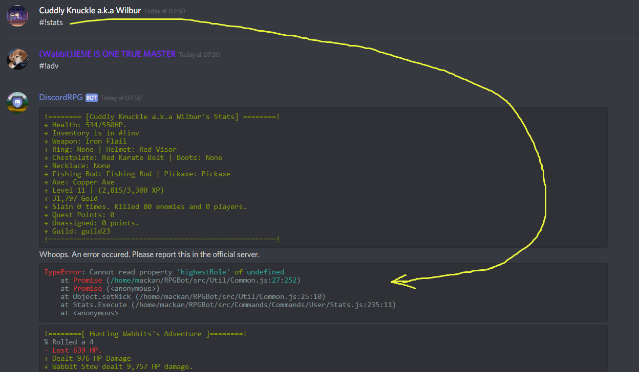 Error thrown using #!stats command · Issue #784 · DiscordDungeons/Bugs ...