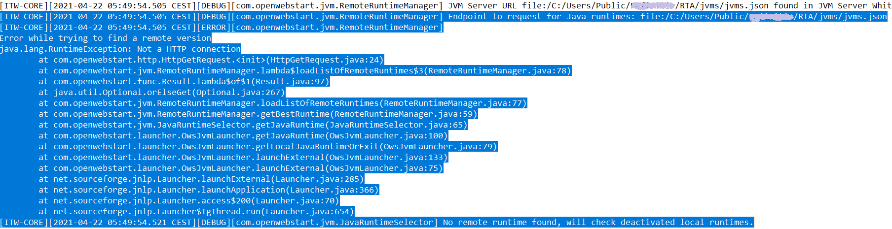 OwsJvmLauncher.java cannot find local java runtime to load jar file ...