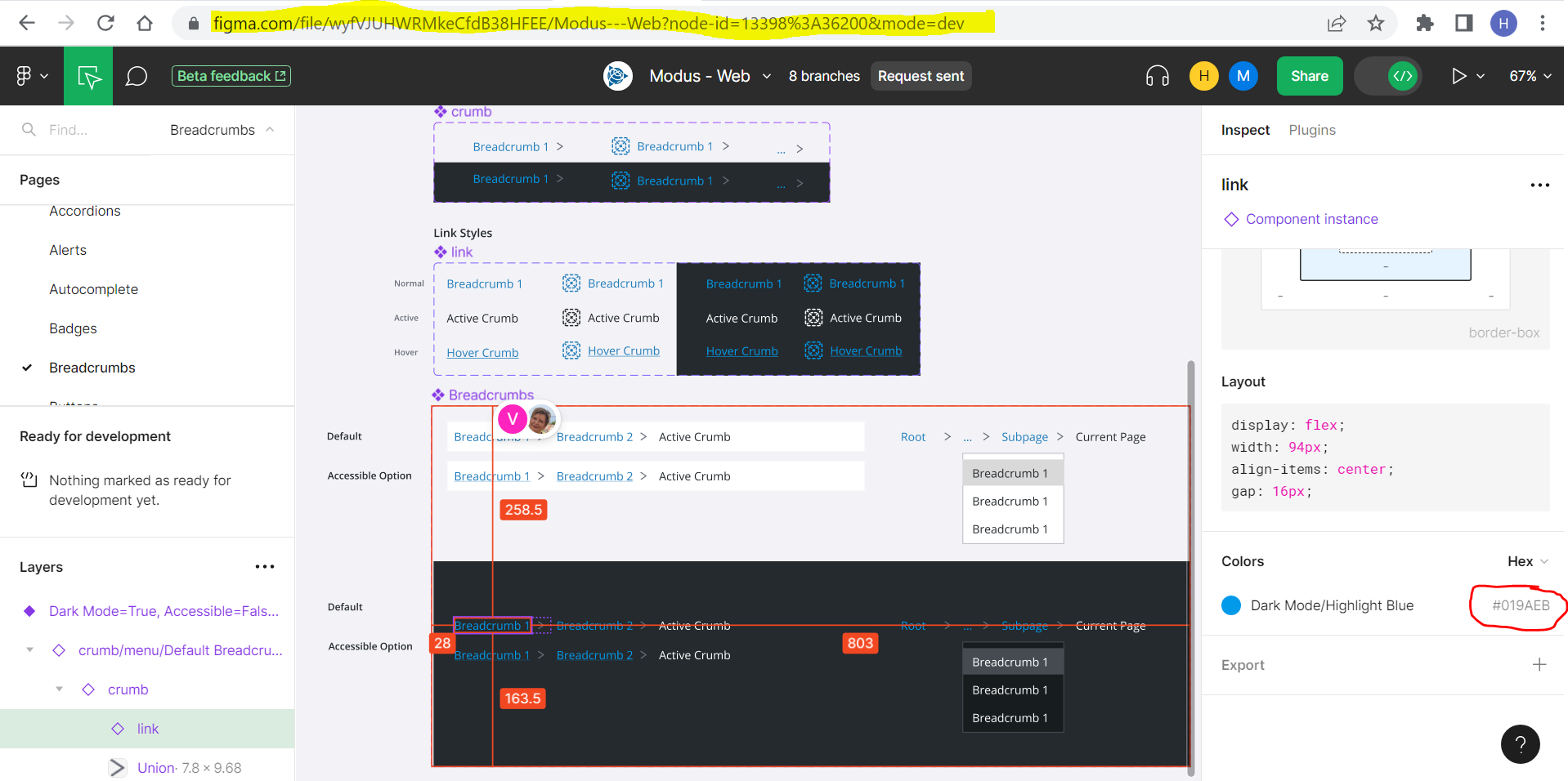 Modus Breadcrumb component Dark mode link color is not as per Style