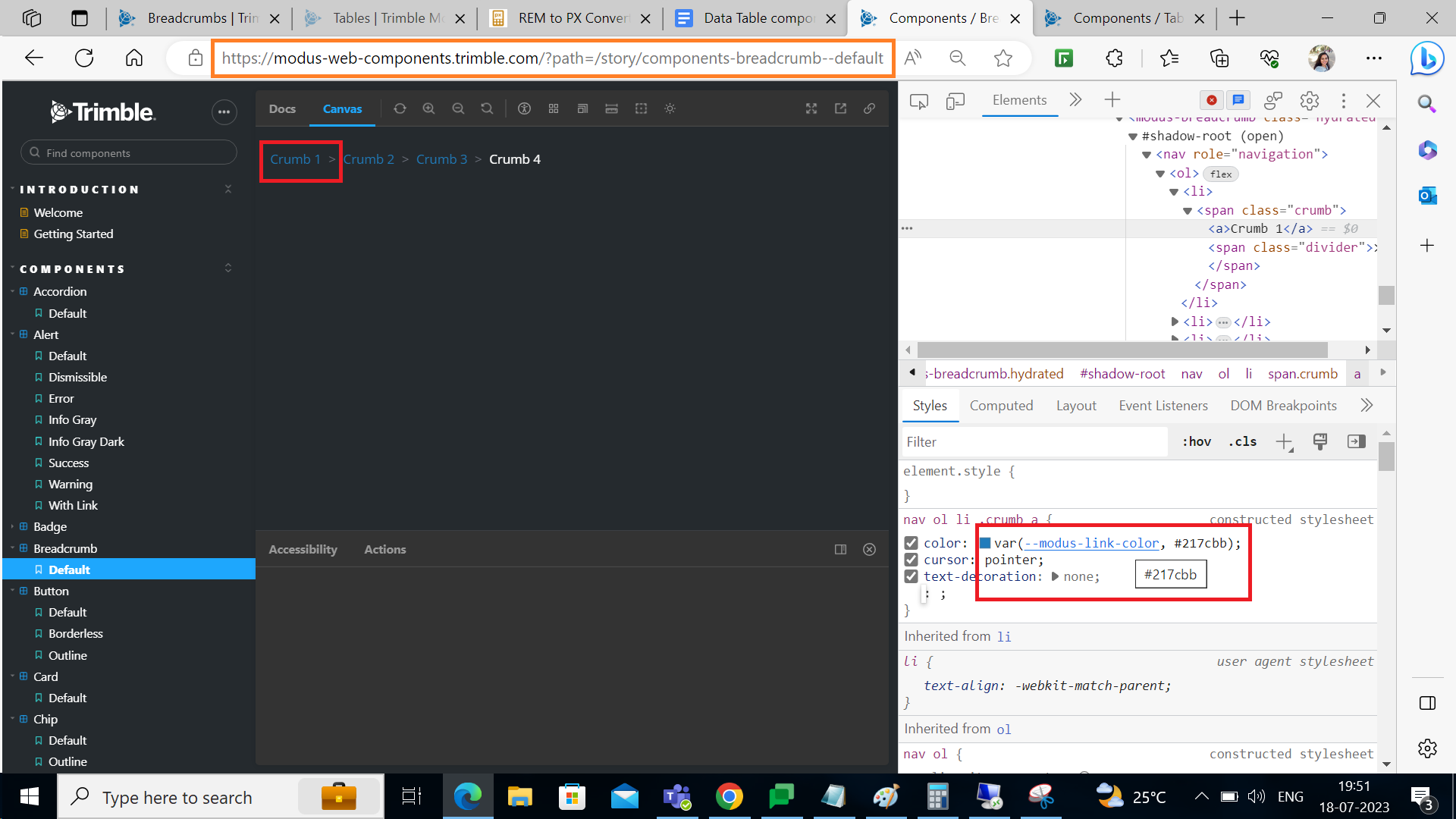 Modus Breadcrumb component Dark mode link color is not as per Style