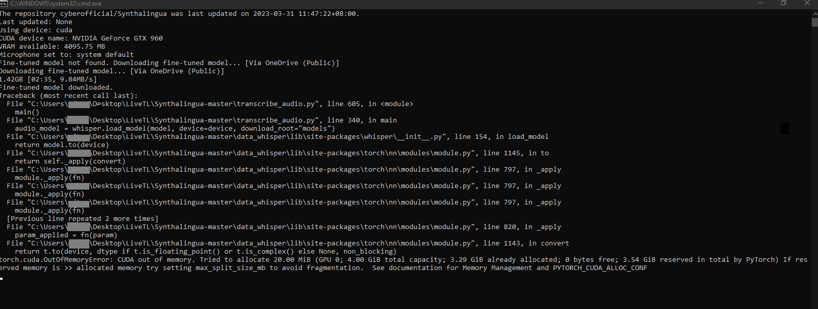 CUDA out of memory, and others · Issue #8 · cyberofficial/Synthalingua ...