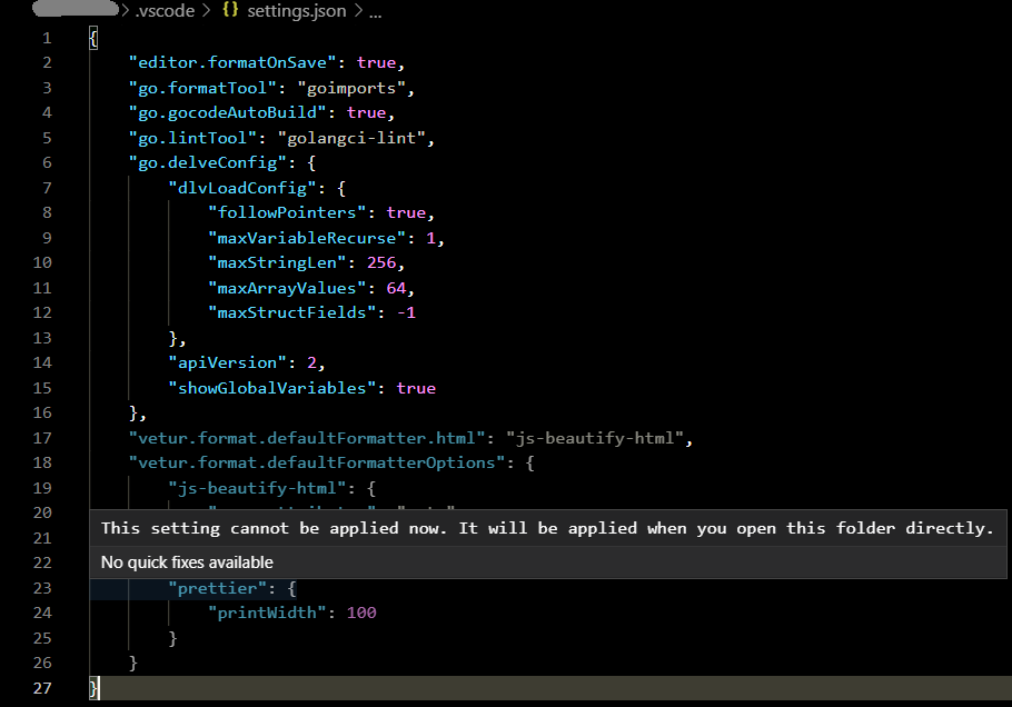 This setting cannot be applied now. It will be applied when you open this folder directly.