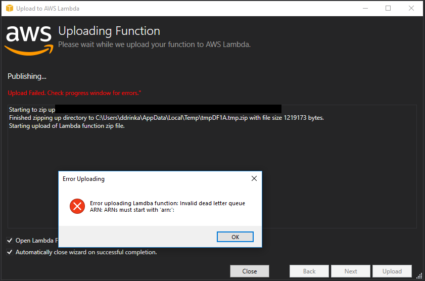 When publishing a Lambda Function from a Node.js project, Dead Letter ...