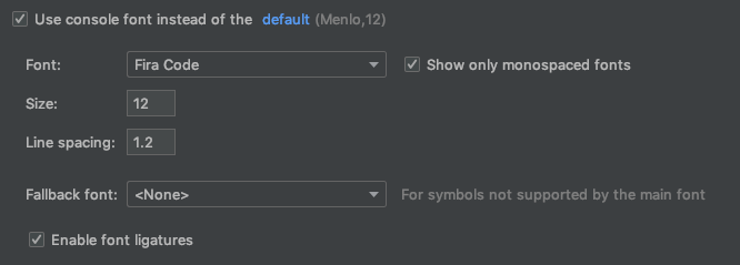 screenshot of console font settings