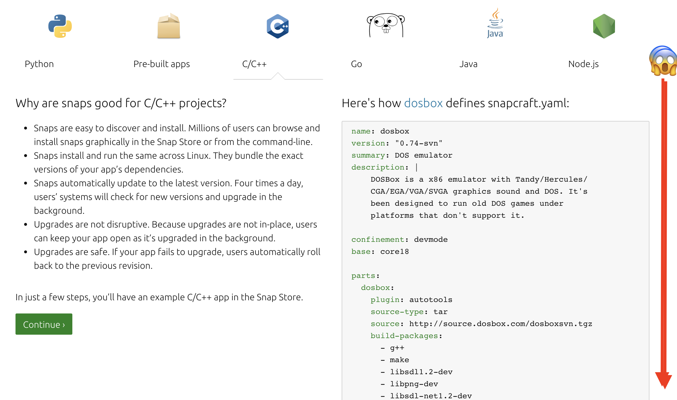 Snapcraft yaml example in expandable grid pattern should be truncated ...