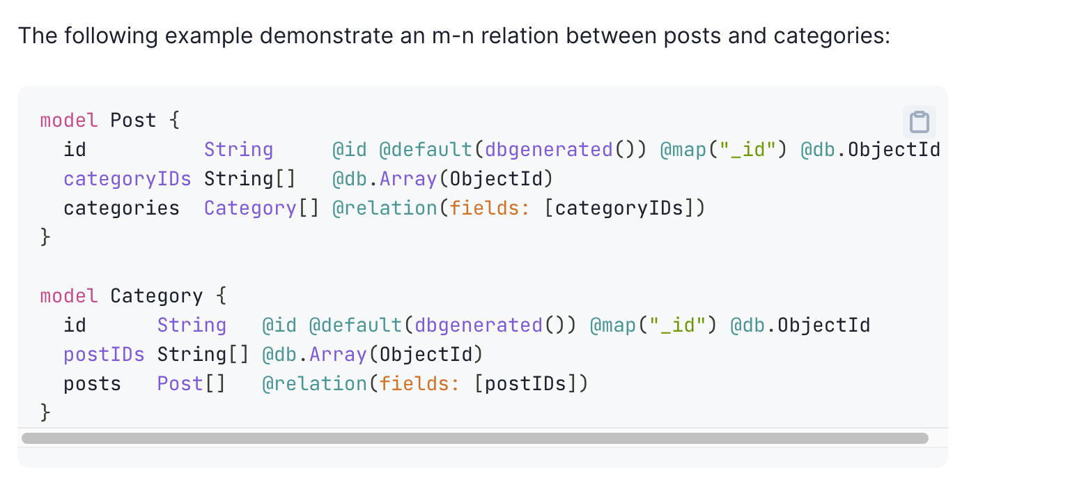 Inconsistent code highlighting in many-to-many relations code snippet ...