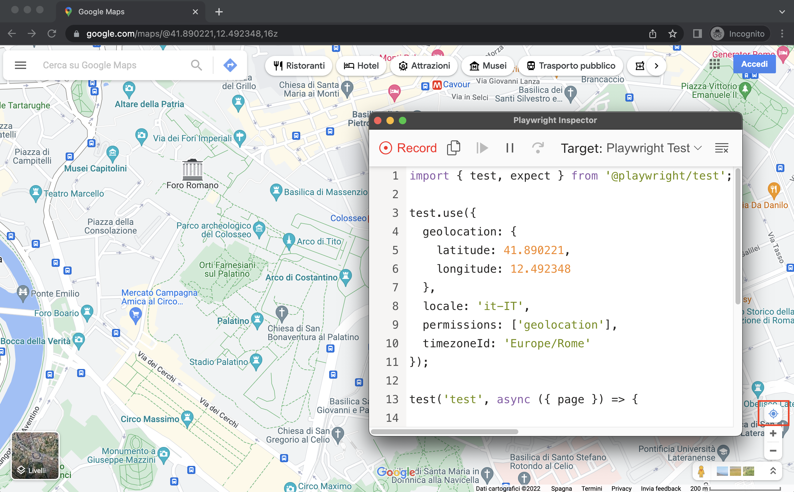 Codegen generating code for tests for google maps showing timezone, geoloation as Rome, Italy and in Italian language