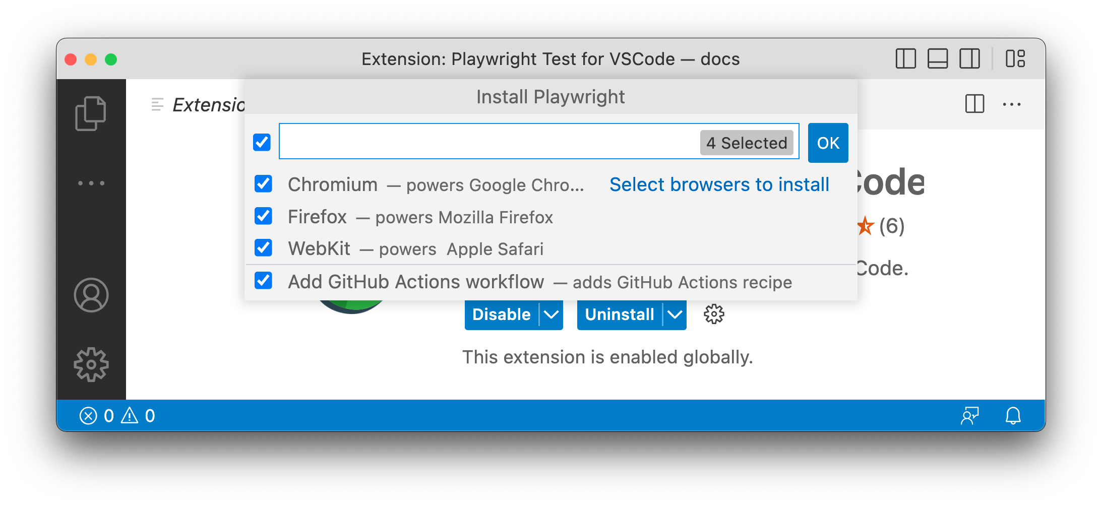 choose browsers for Playwright in VS Code