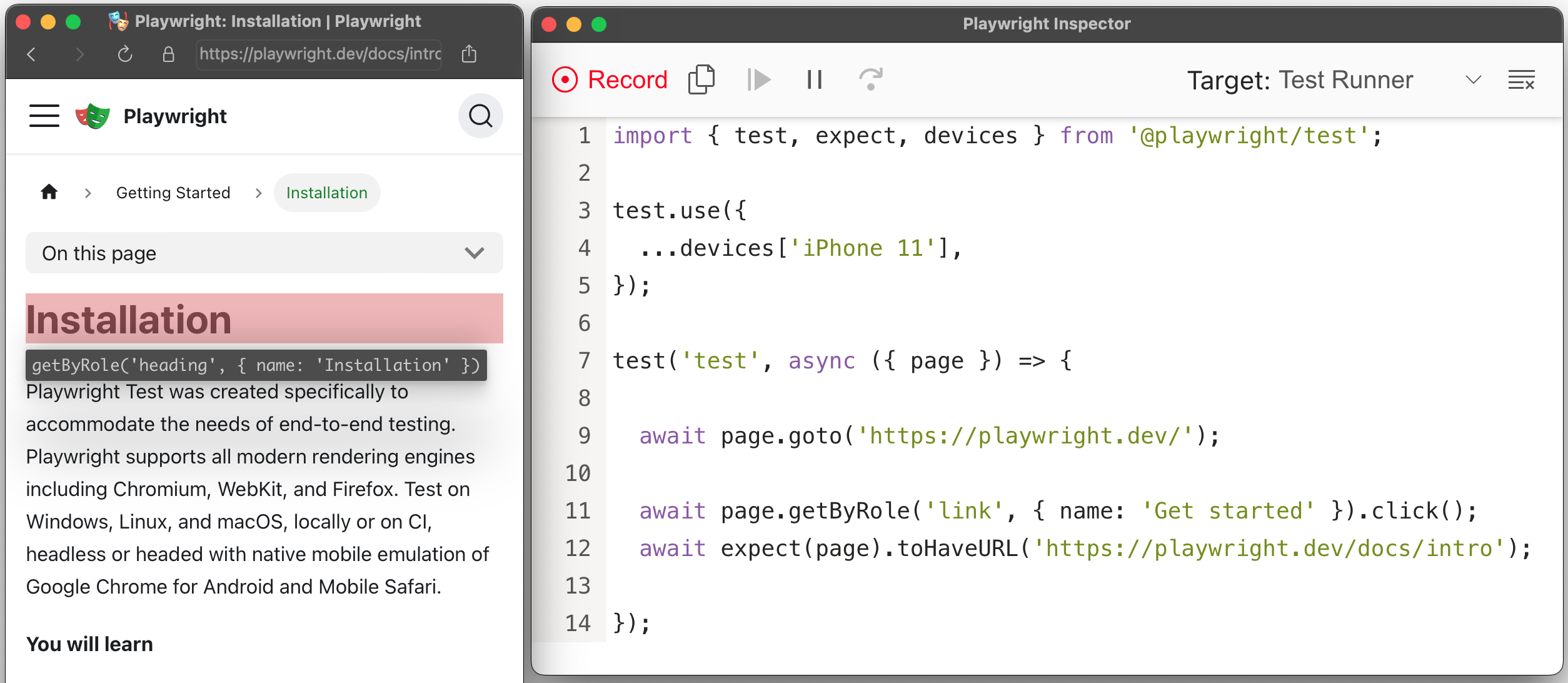 Codegen generating code for tests for playwright.dev website emulated for iPhone 11