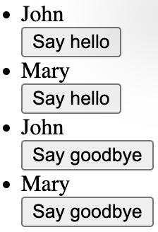 text John and Mary with buttons say hello and say goodbye beside their names