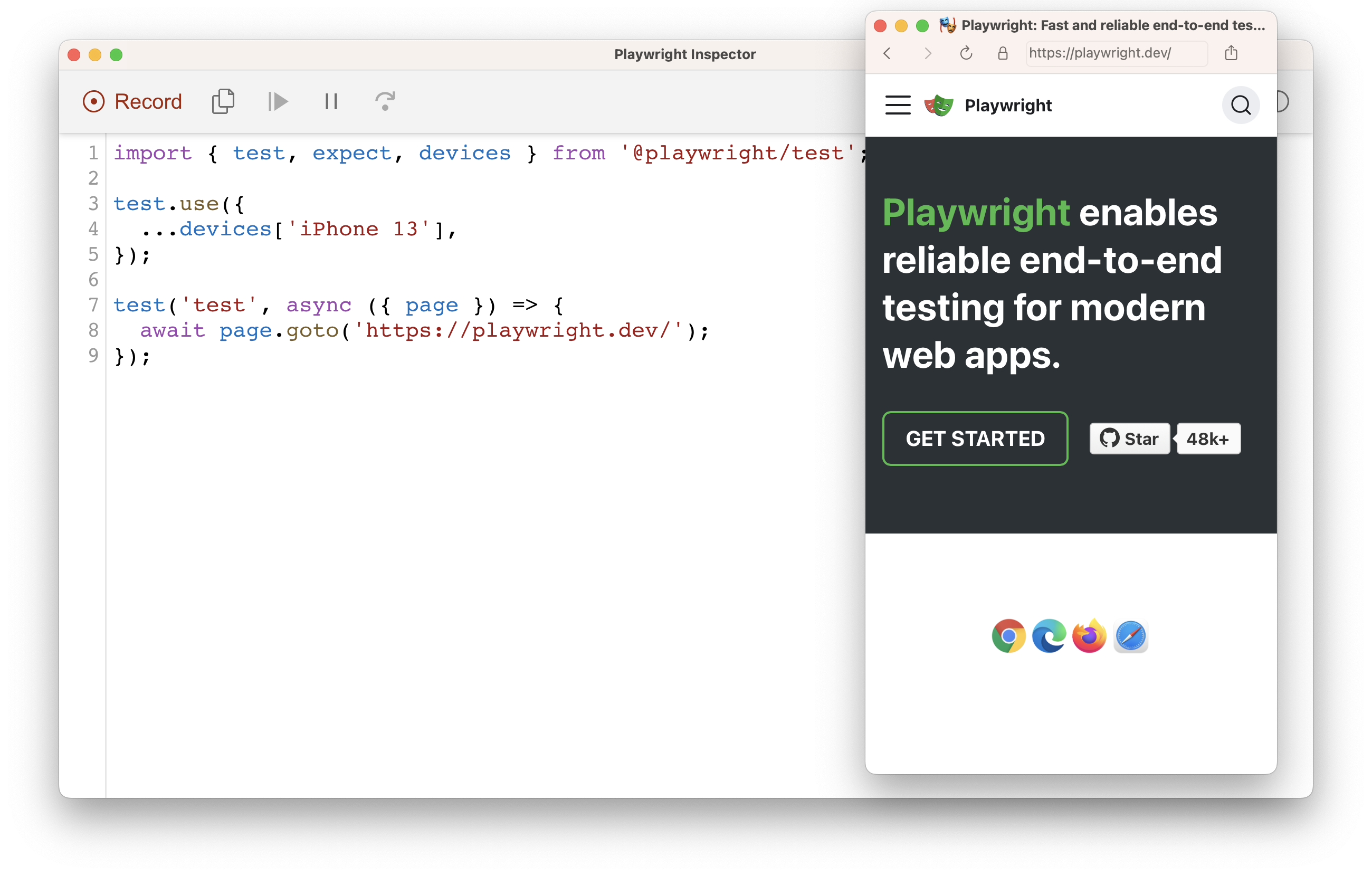 Codegen generating code for tests for playwright.dev website emulated for iPhone 13 js