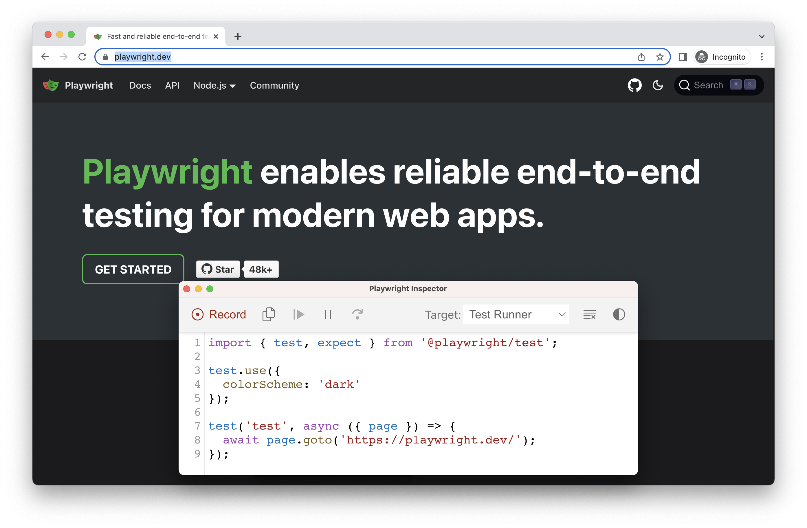 Codegen generating code for tests for playwright.dev website in dark mode js