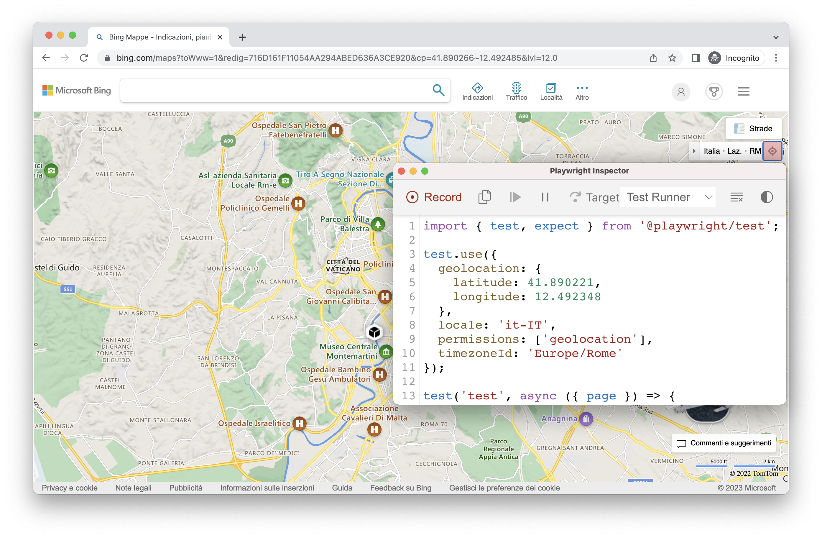 Codegen generating code for tests for bing maps showing timezone, geolocation as Rome, Italy and in Italian language