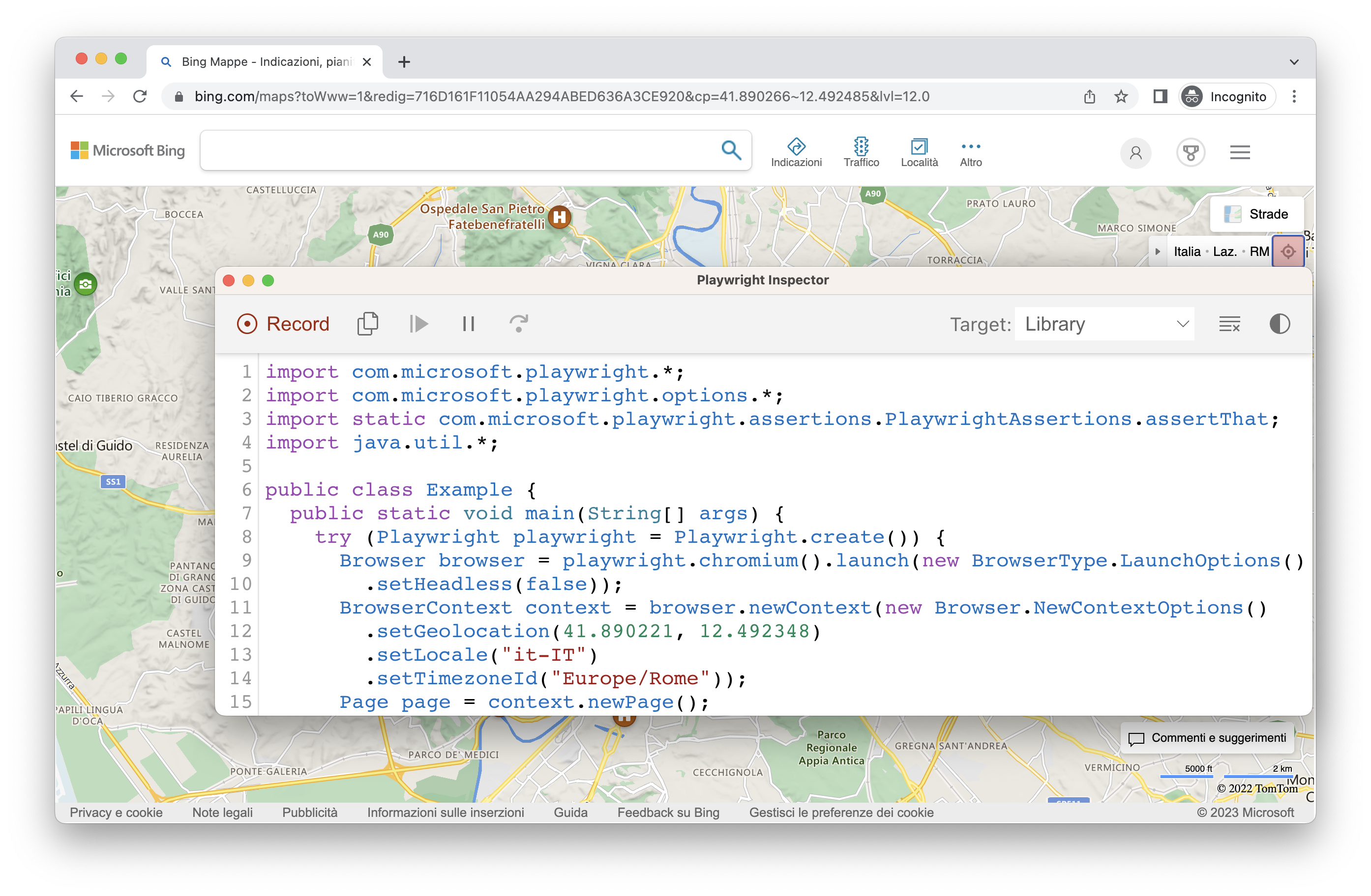 Codegen generating code for tests for bing maps showing timezone, geolocation as Rome, Italy and in Italian language java