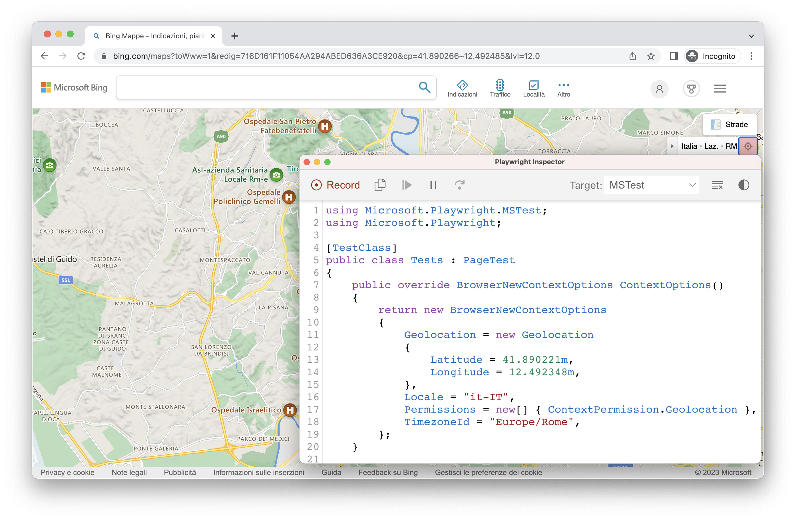 Codegen generating code for tests for bing maps showing timezone, geolocation as Rome, Italy and in Italian language csharp