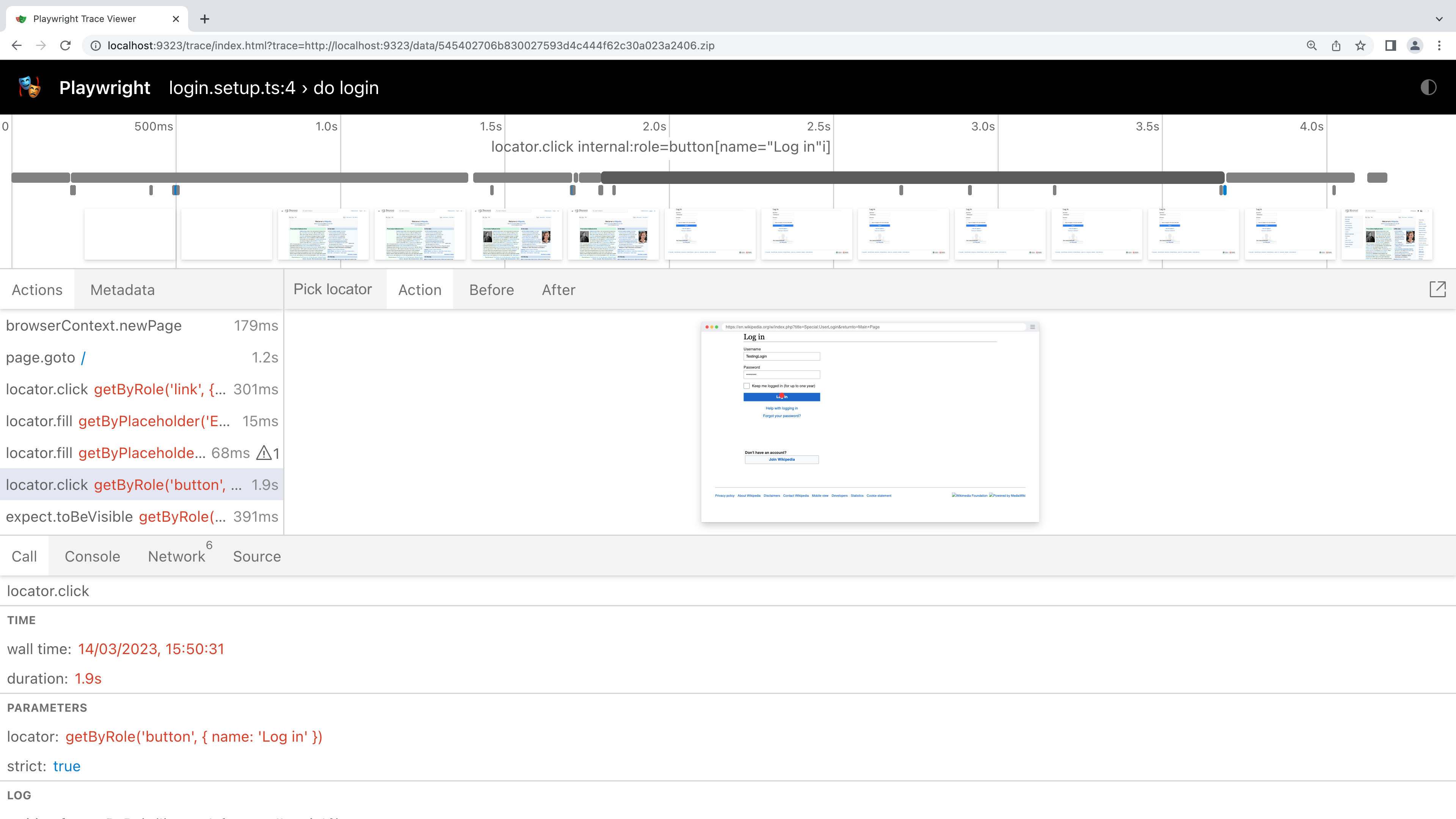 trace viewer showing trace of the login test