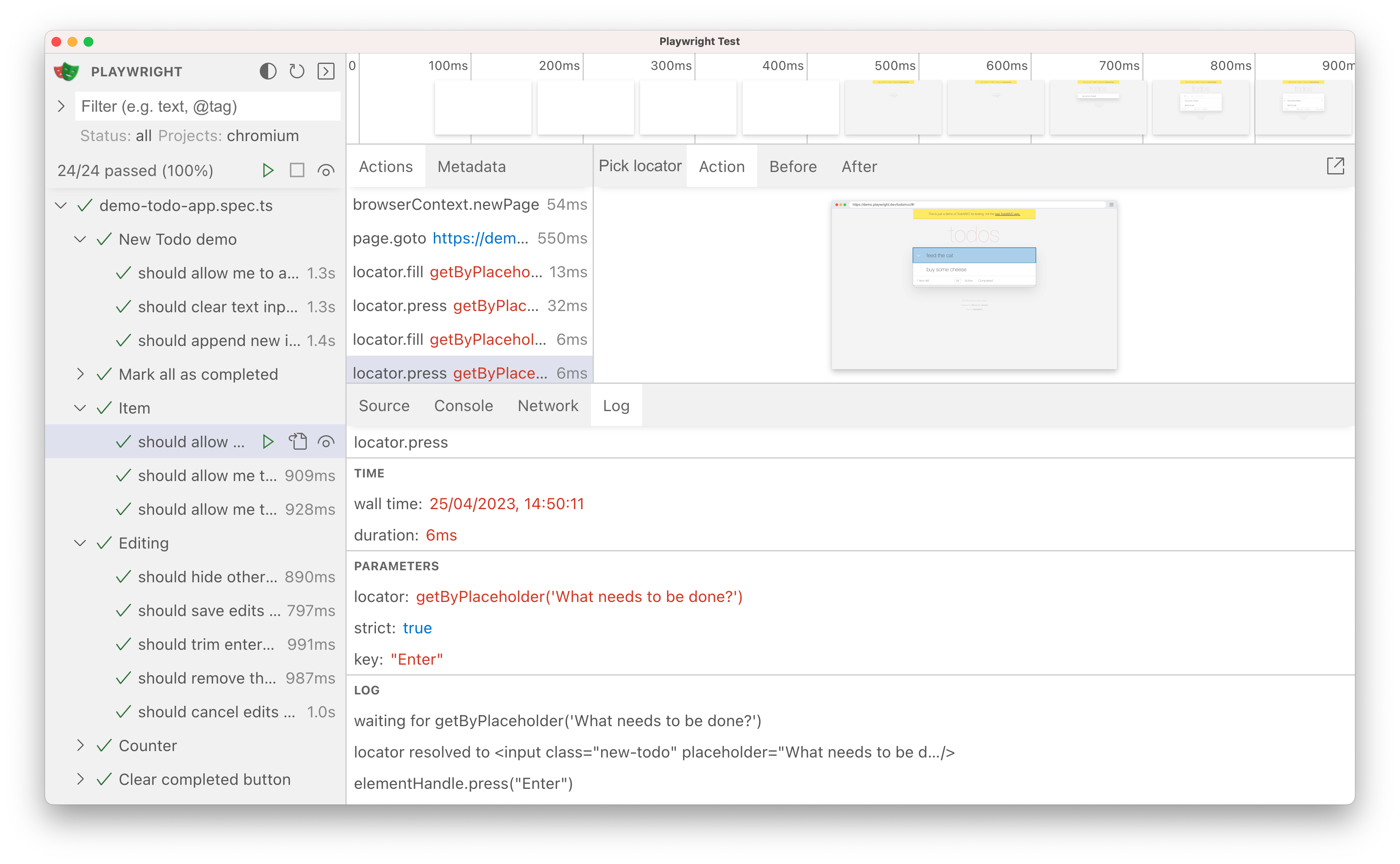 showing log of tests in ui mode