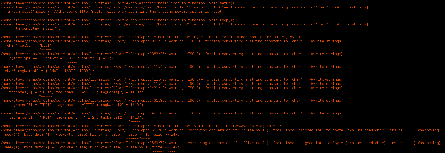 ISO C++ forbids converting a string constant to 'char*' and arrowing ...