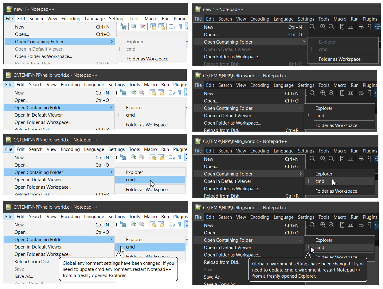 Cmd shell created by Notepad++ does not retrieve updated environment variables unless Notepad++