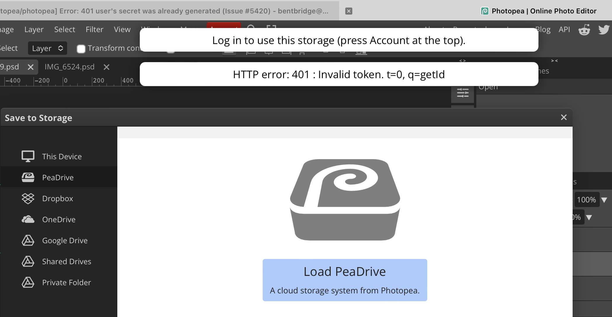 Error 401 user's secret was already generated · Issue 5420 · photopea