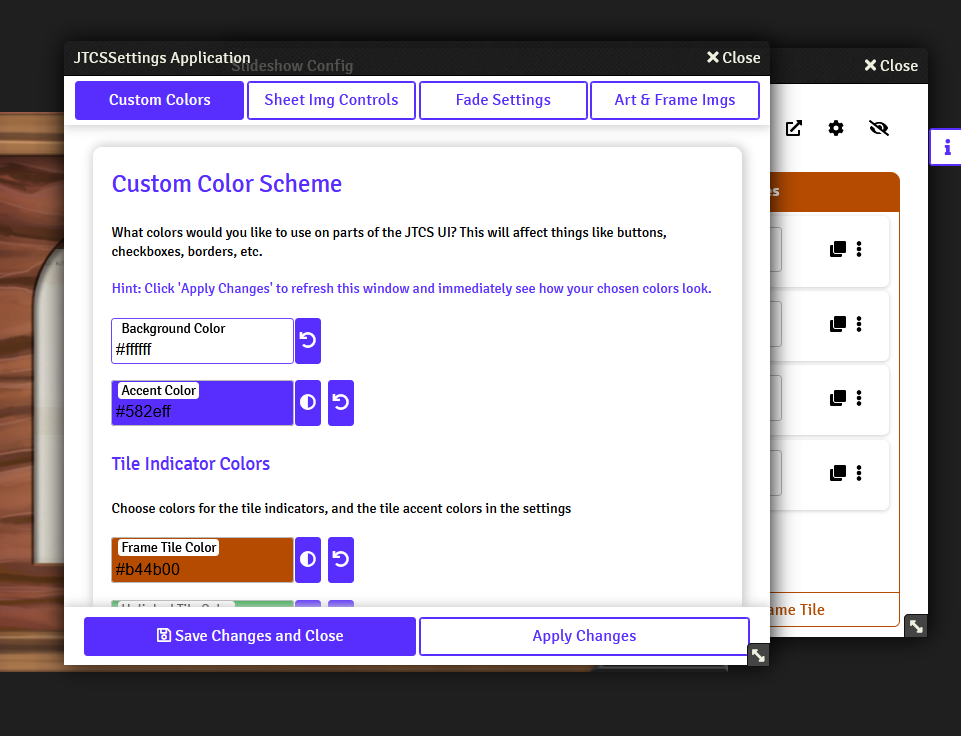 JTCS Settings App Window