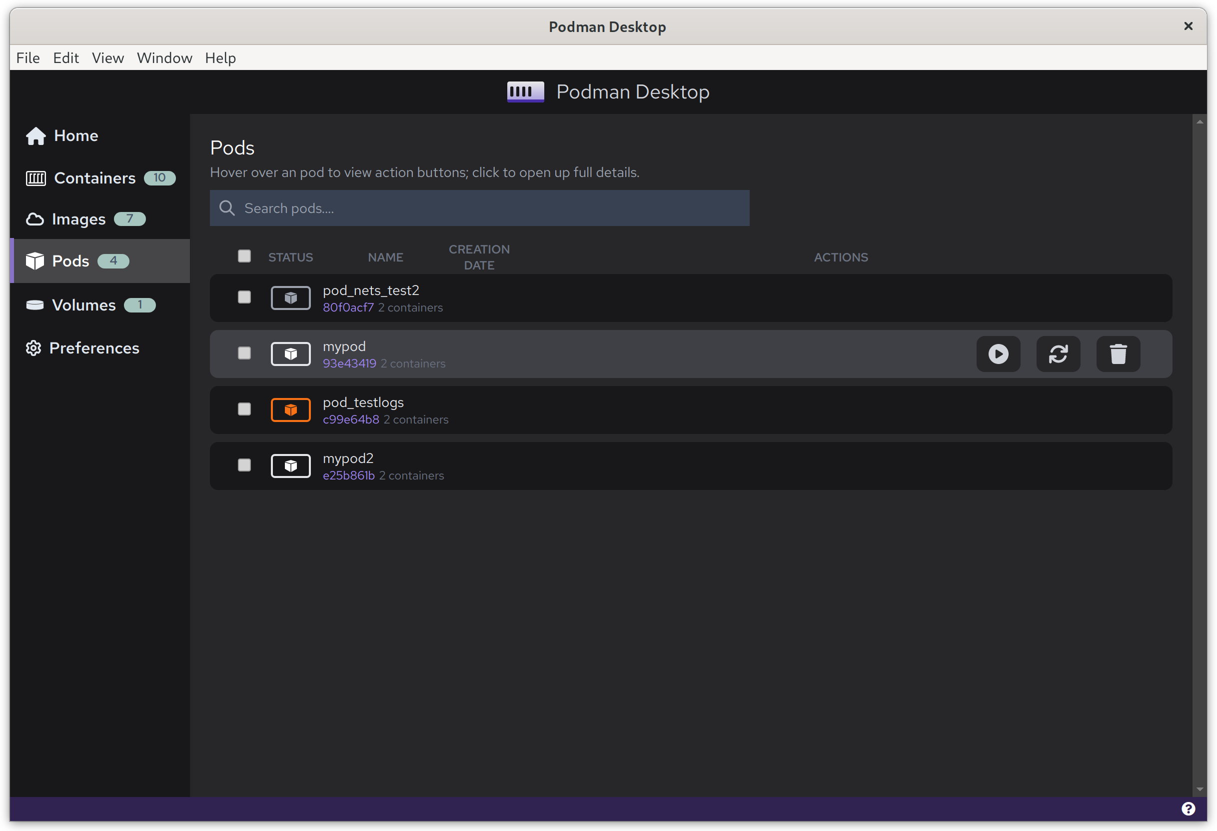 pod actions on containers view · Issue 513 · containers/podmandesktop