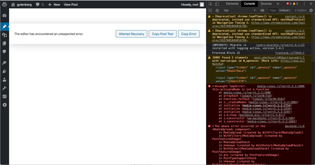 Gutenberg with a custom block crashes when Featured Image Panel is open ...