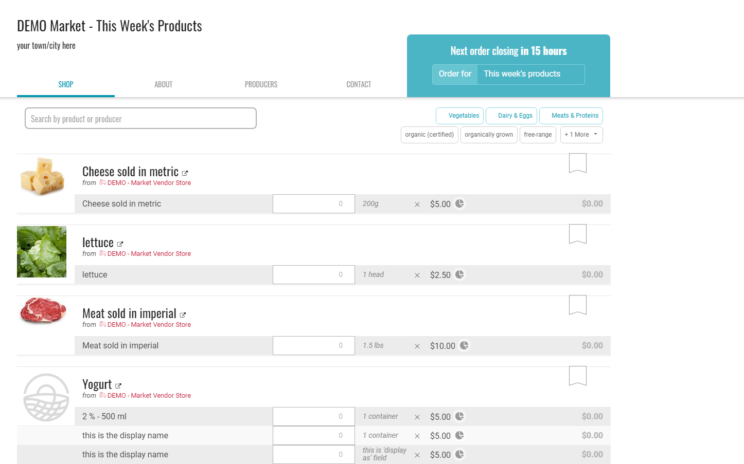 demo market with payment and shipping methods open