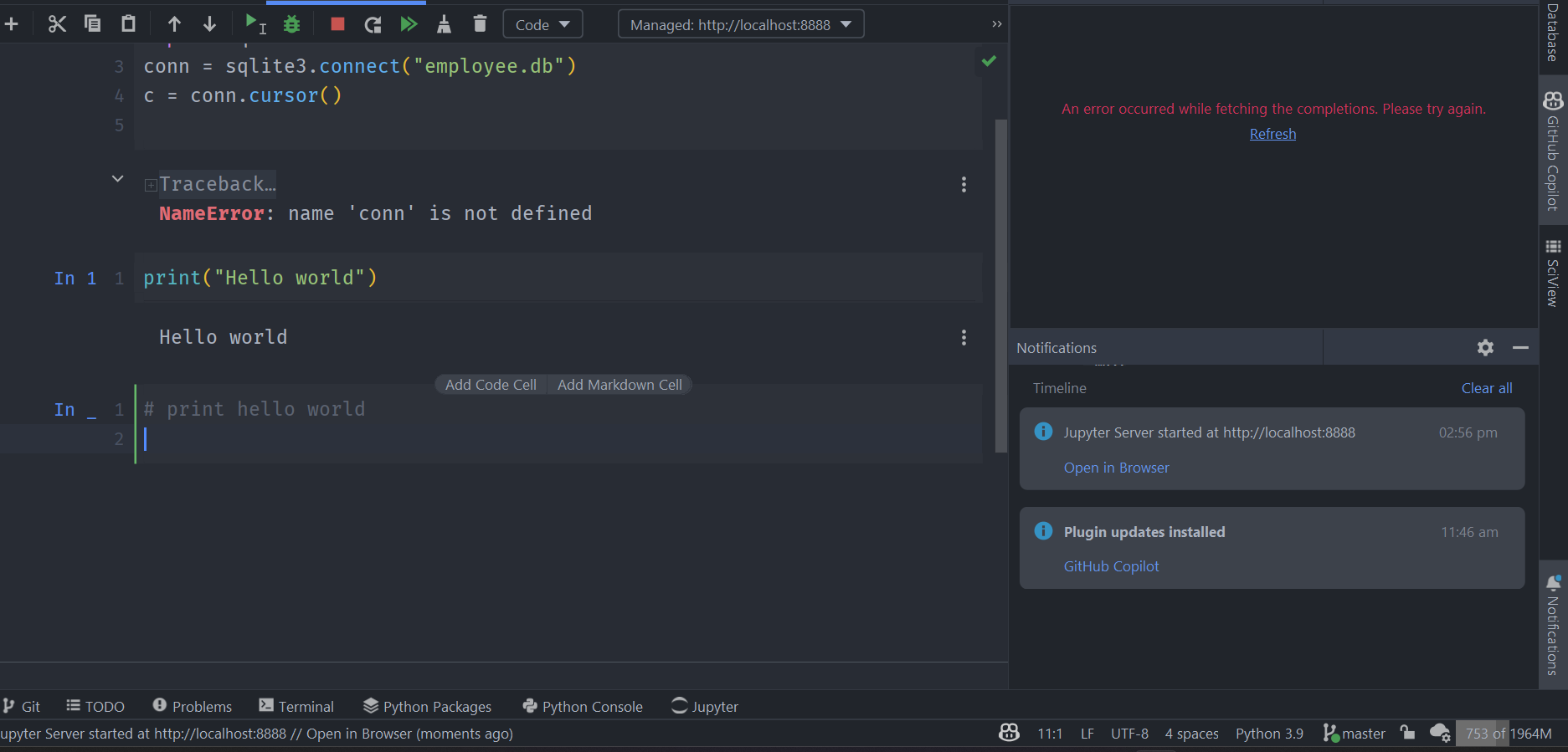 Copilot plugin for dataspell pycharm is not working at the ipynb