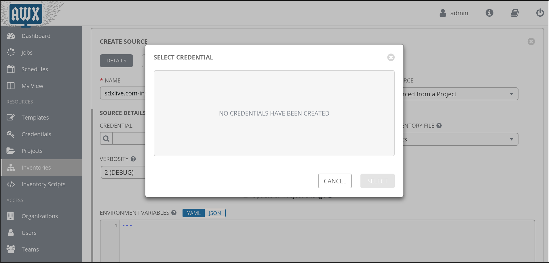 No credential is available when creating an inventory sourced from a