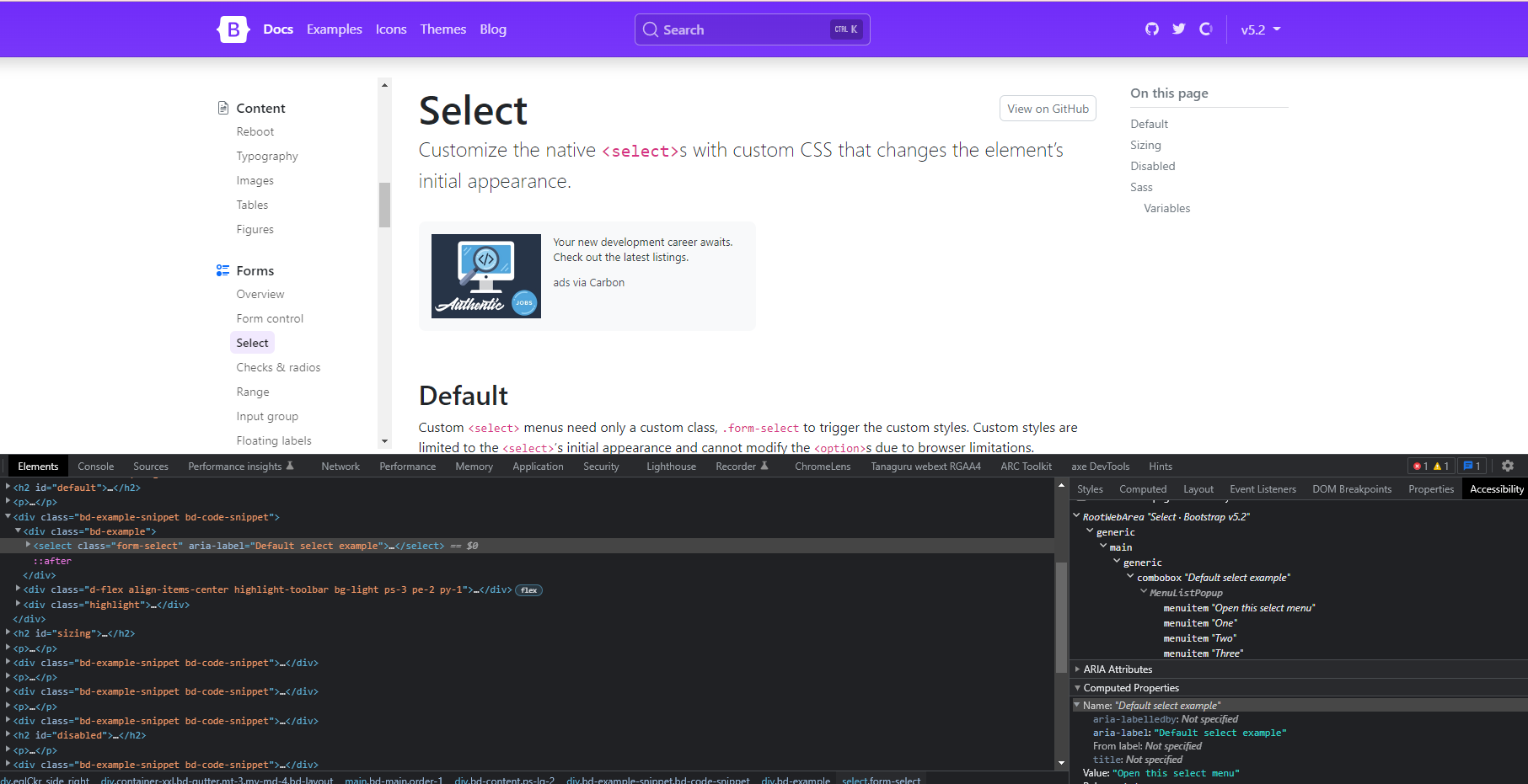in docs/forms/select, the default selected option tag should have an ...