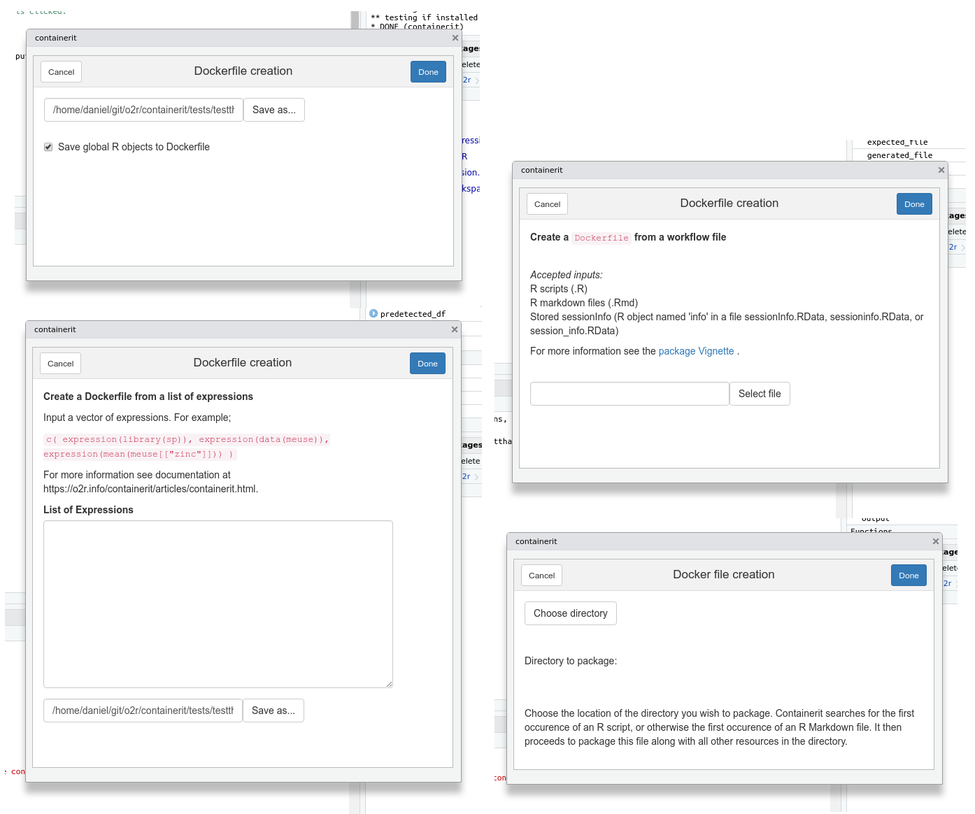 screenshots containerit RStudio Addin forms