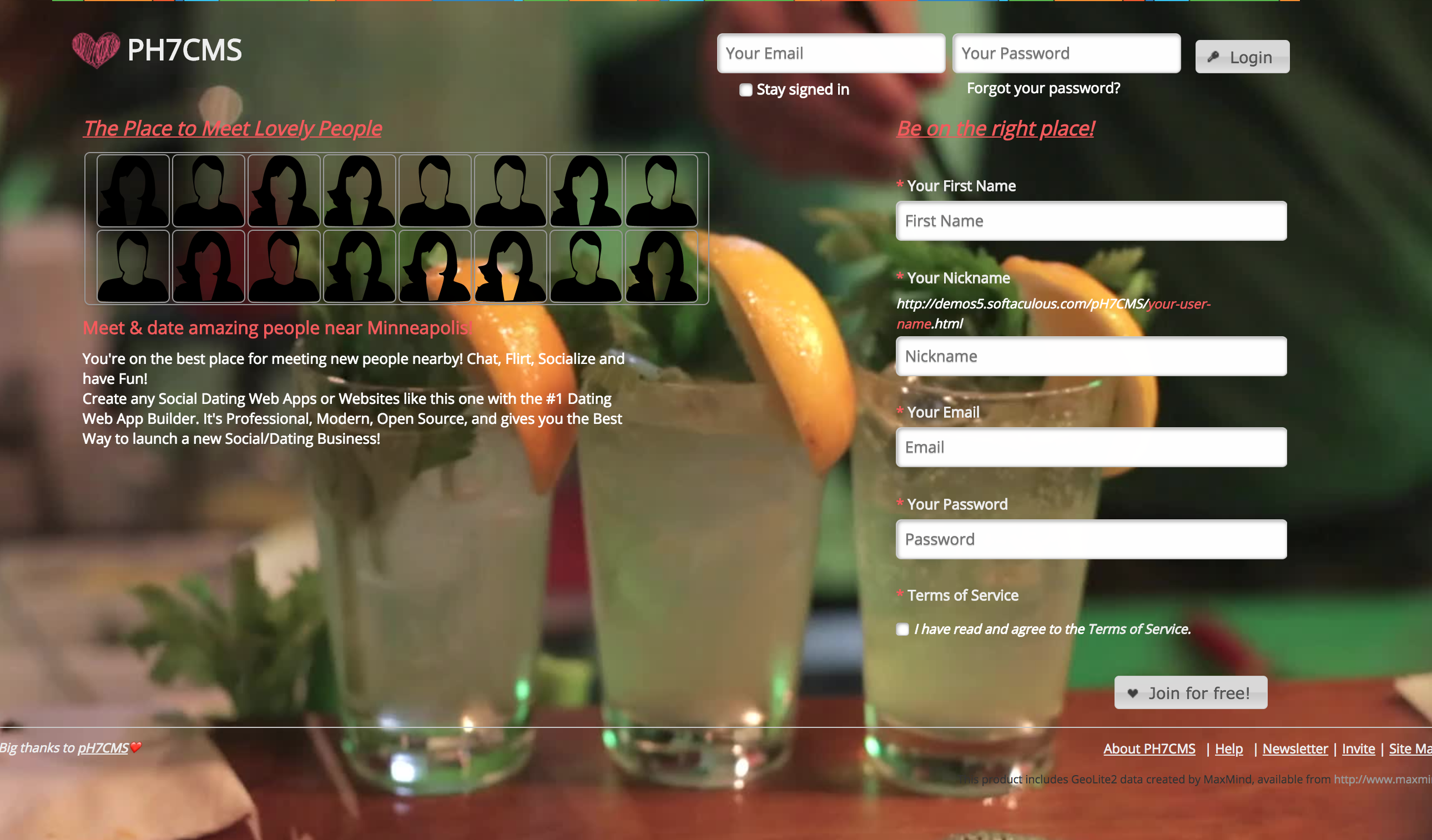 Demo pH7CMS social dating CMS; screenshot